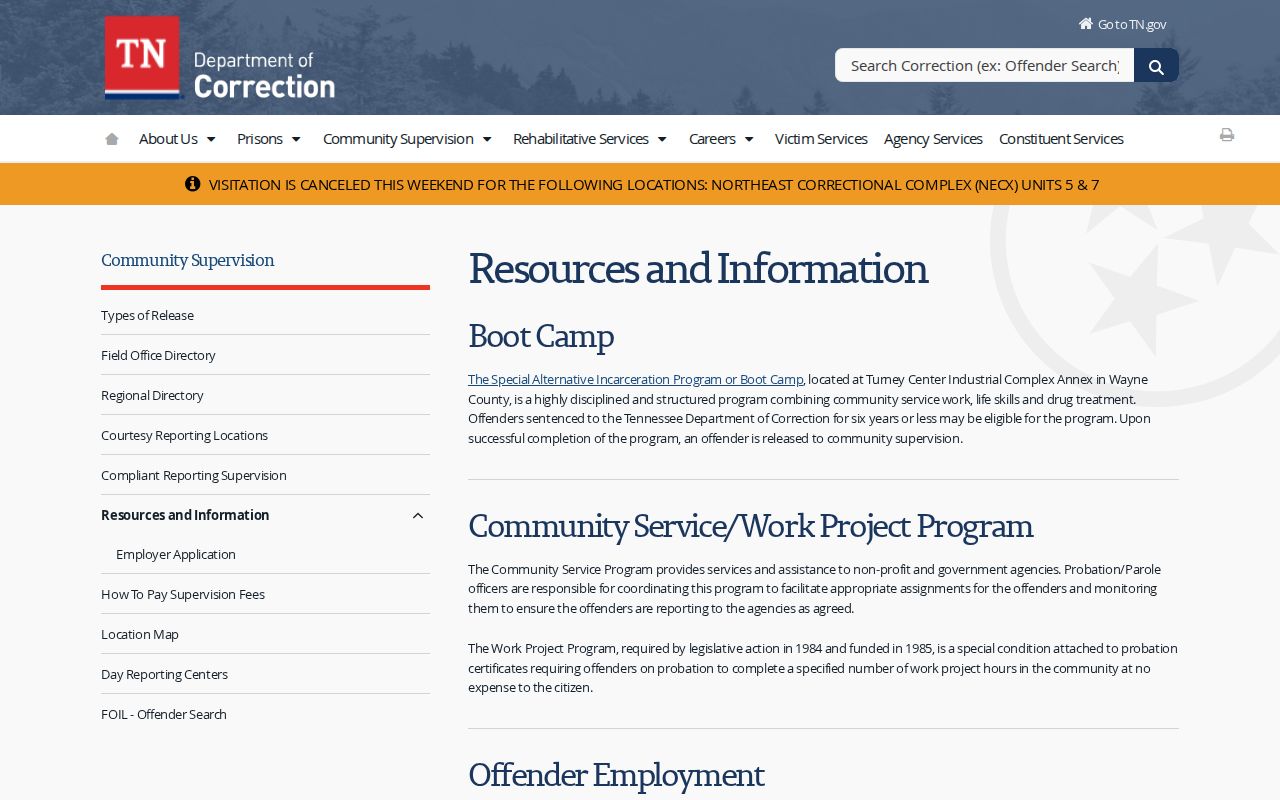 TDOC Wayne County release to supervision information for TCIX Annex