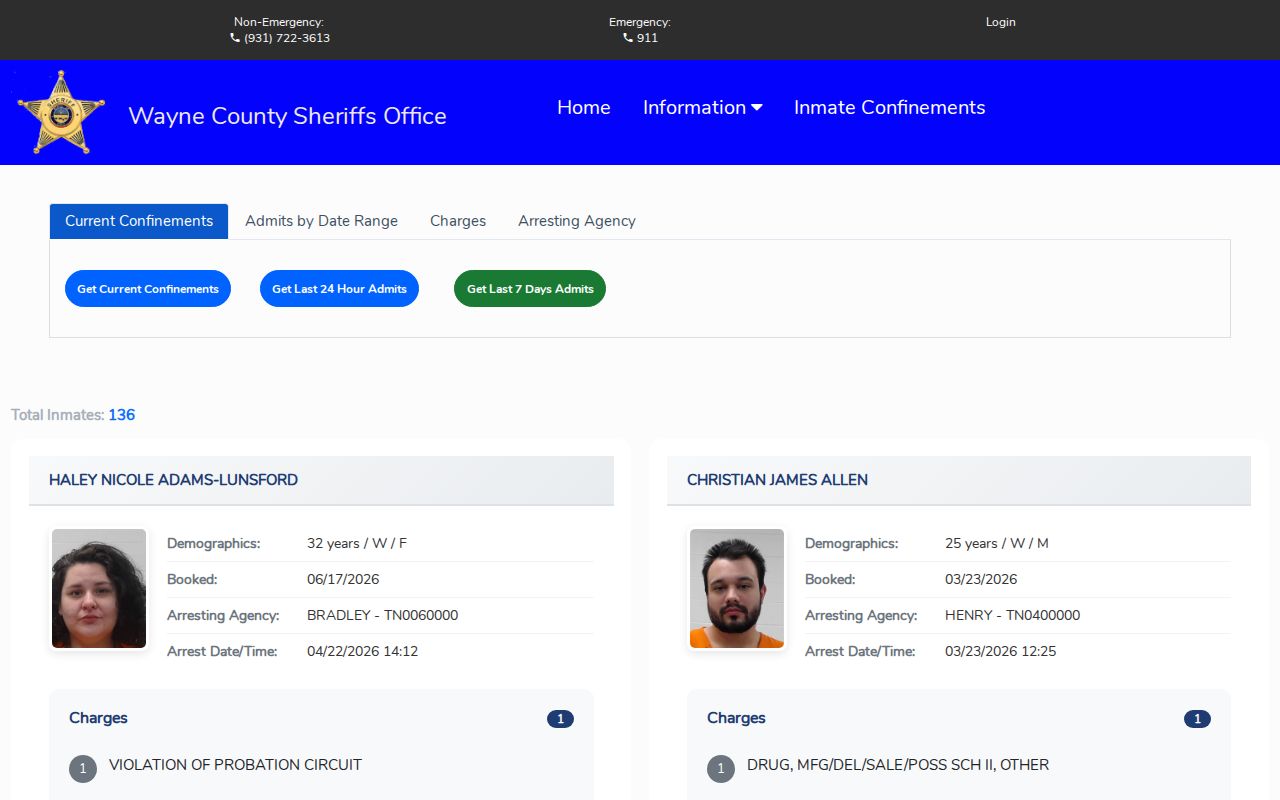 Wayne County released inmate portal showing current and admission controls