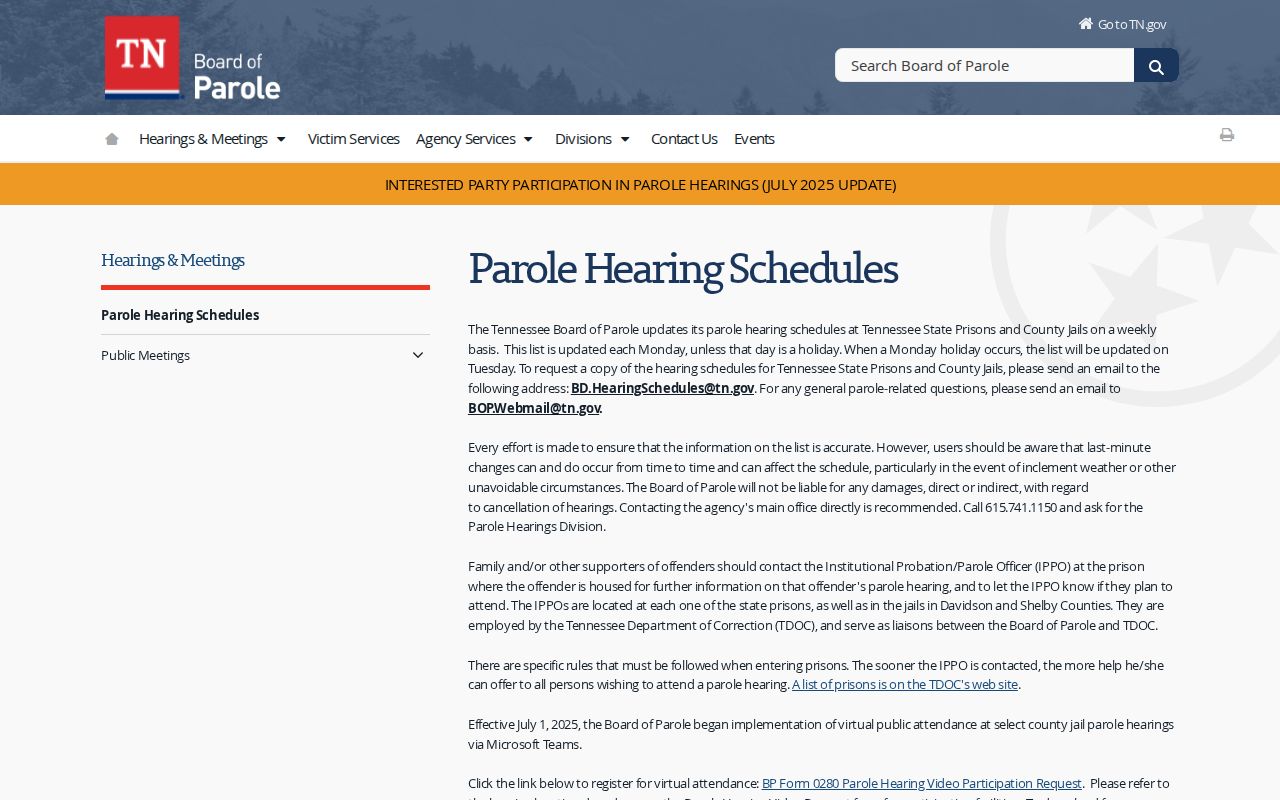 Wayne County parole hearing schedule request and weekly update details